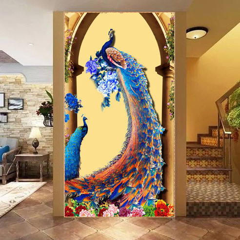 3d欧式立体自粘壁纸金孔雀装饰画无框画玄关过道走廊风水招财壁画