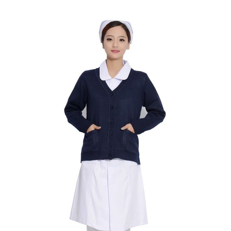 护士毛衣女外套开衫医院藏蓝色护士服薄针织衫外搭秋冬季加绒加厚
