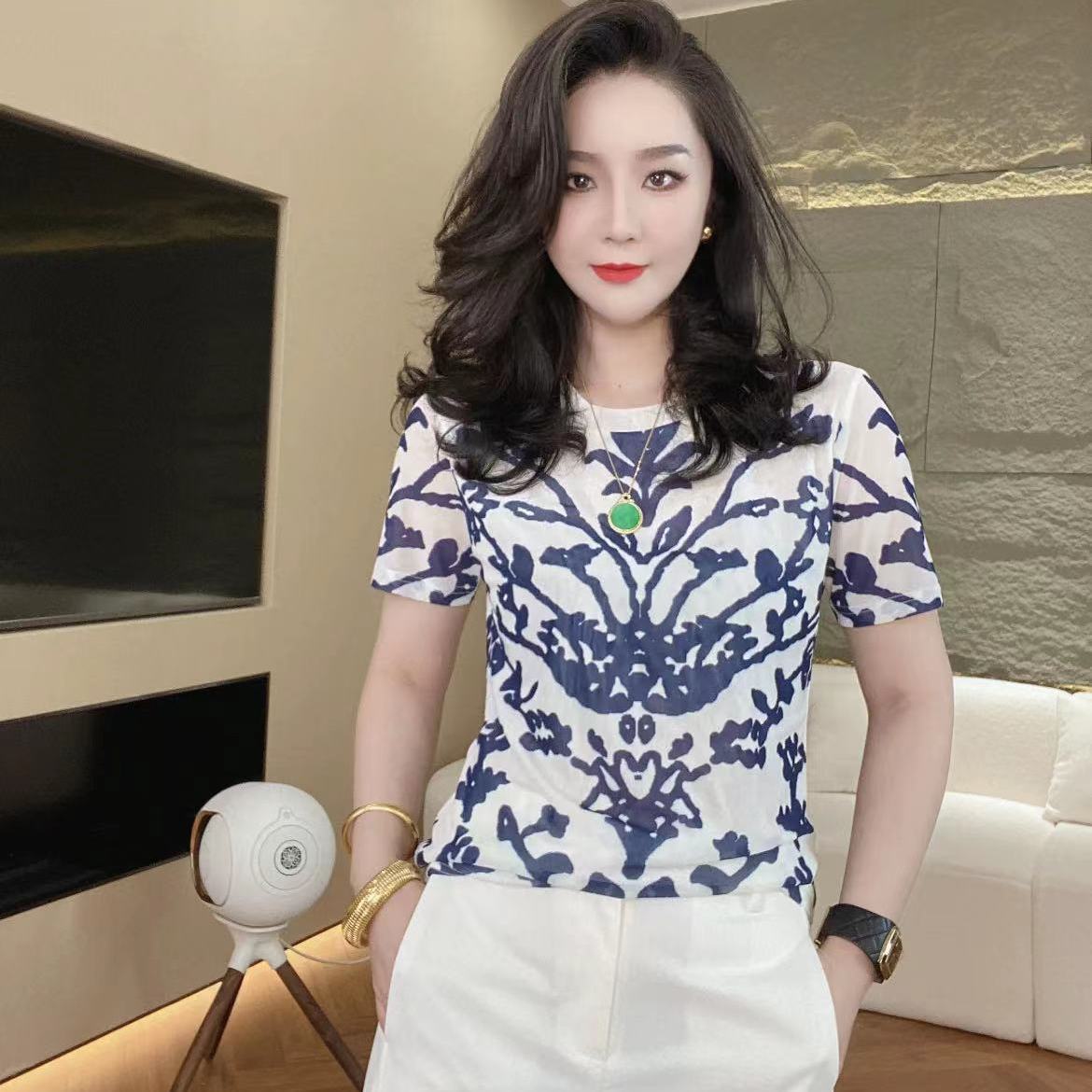 中國風時尚圓領印花拼色2023夏裝新款設計感洋氣顯瘦百搭短袖上衣