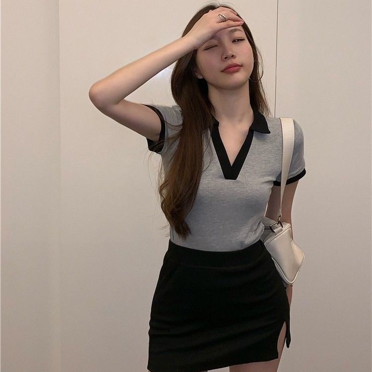 Tops with short skirts Ladies Hong Kong style polo collar fashion short tight T-shirt summer V-neck high waist showing chest tops