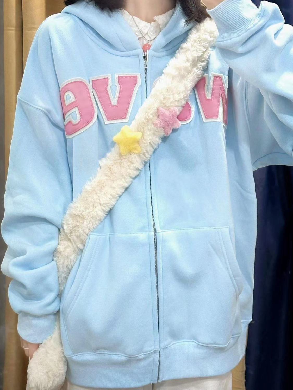春秋季薄款LOGO貼布刺繡奶藍色連帽衛衣女學院風外套寬鬆拉鏈開衫