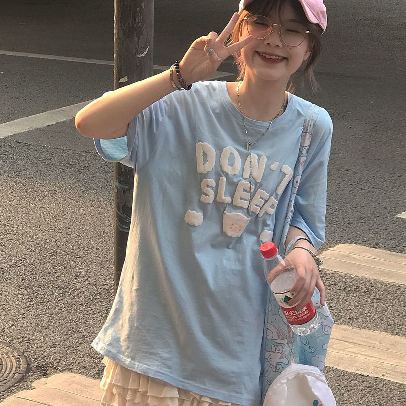 Foam printing short-sleeved t-shirt female students Korean version loose tide ins summer women's clothing soft girl 2023 new