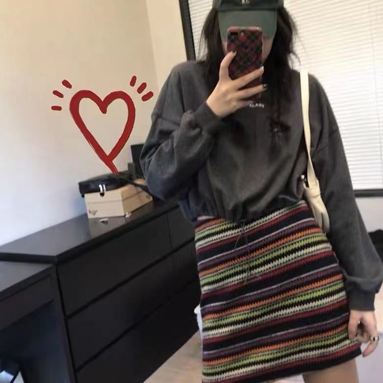 Wang Girl's Shop Knitted Skirt Autumn and Winter New High Waist A-line Straight Loose Slim Versatile Casual Skirt