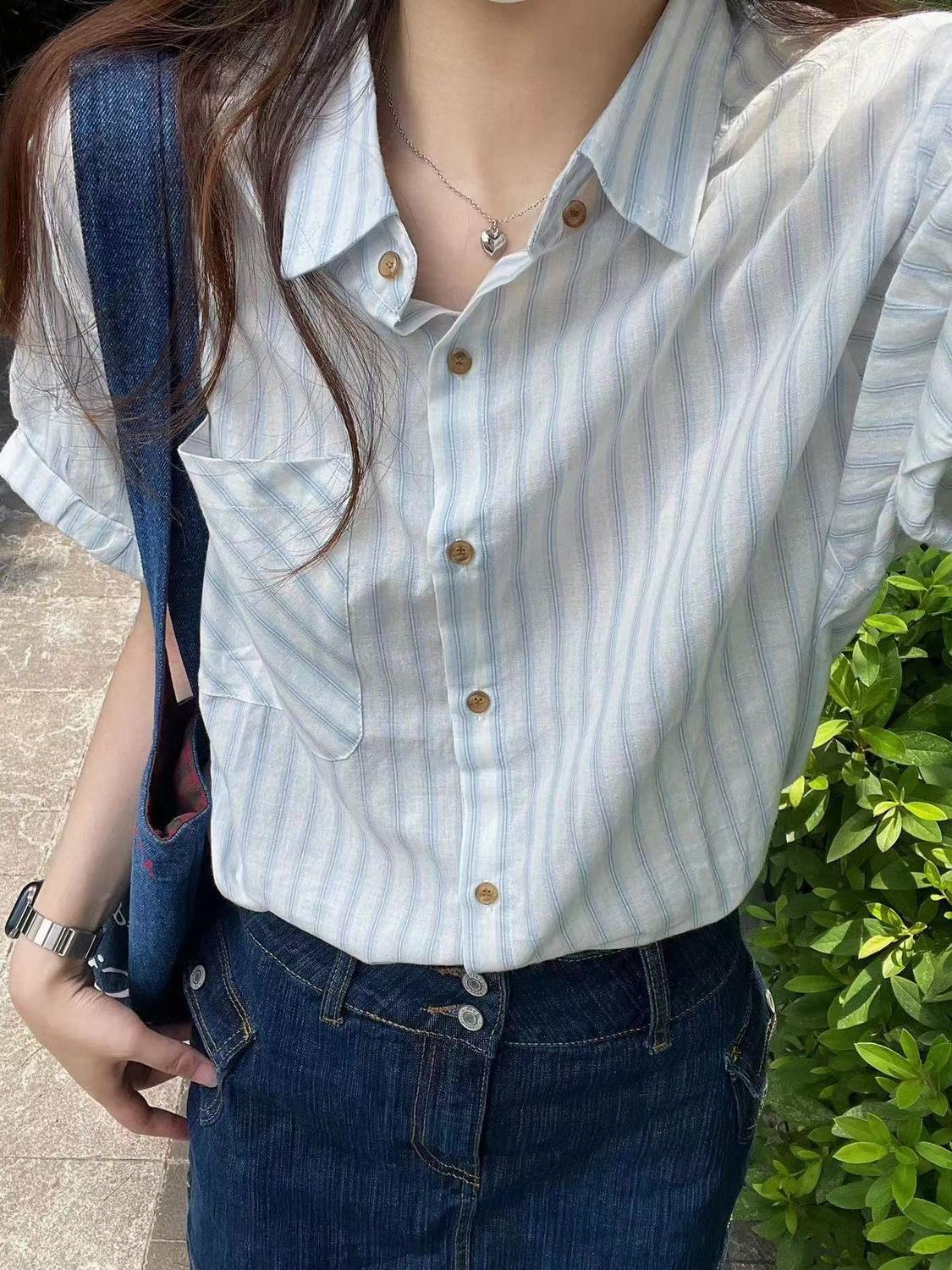 夏季薄款奶fufu藍色條紋襯衫短袖女氣質時尚襯衣外穿寬鬆顯瘦上衣