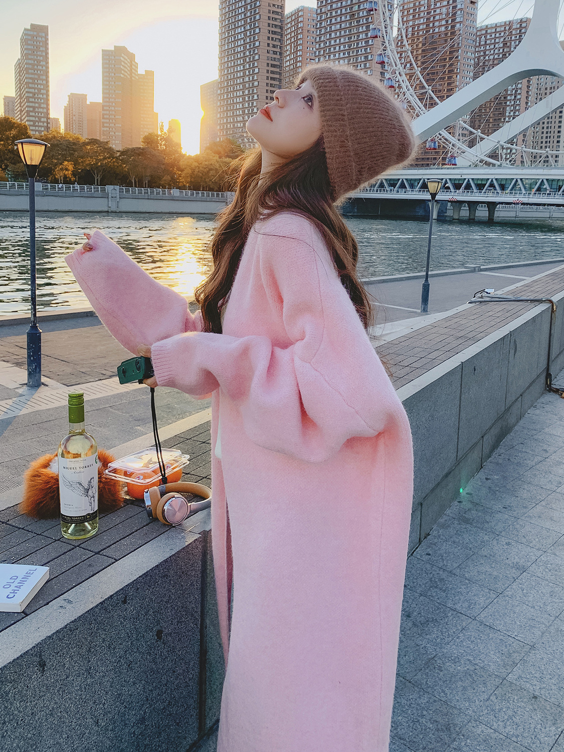 粉色長款毛衣女秋冬2023新款學院風奶fufu慵懶風針織大衣開衫外套