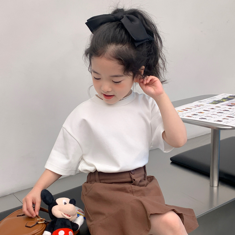 Girls short-sleeved t-shirt summer foreign style children's new cotton bottoming shirt children's clothing basic solid color loose top