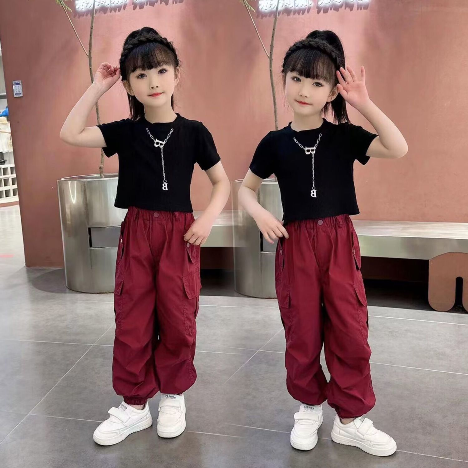 女童2023夏季新款項鍊短袖工裝褲休閒運動兒童裝中大女孩網紅童裝
