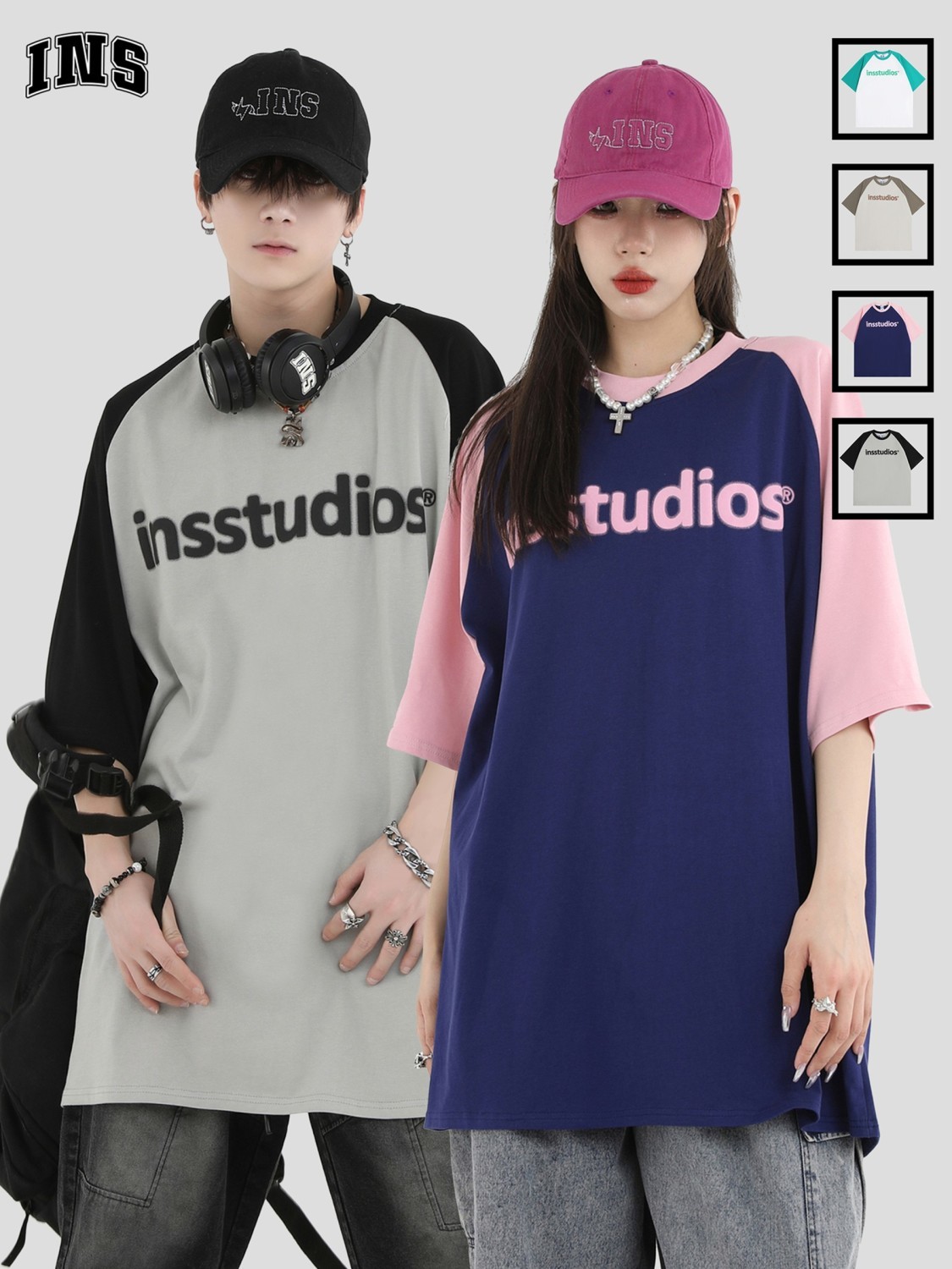INSstudios 國潮牌情侶美式拼接復古撞色插肩短袖LOGO發泡印花T恤