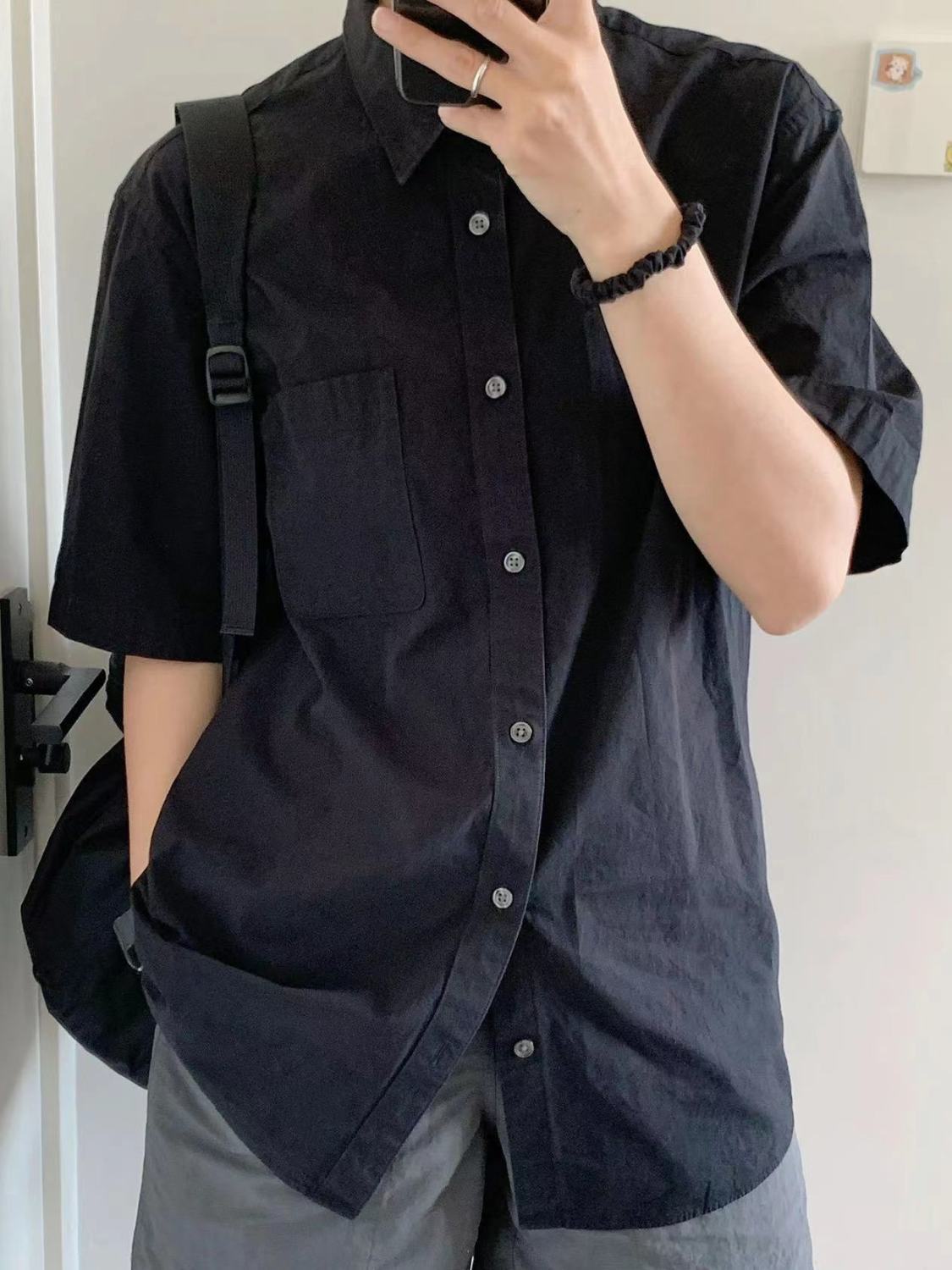 高級酷颯風黑色純棉襯衫短袖女港風潮流上衣寬鬆百搭襯衣外穿ins