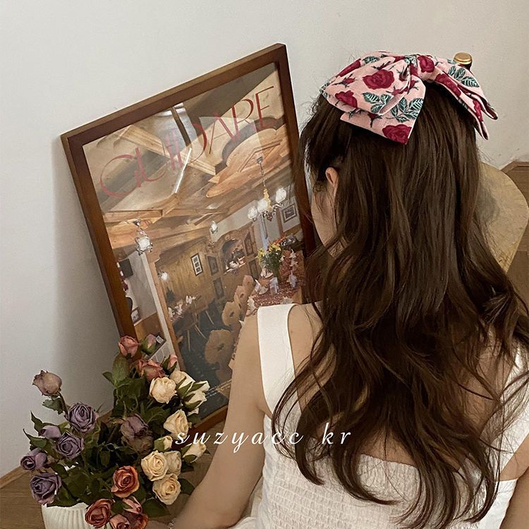 Rose print bow hairpin French retro spring clip back head plate hairpin headdress forest floral hair accessory