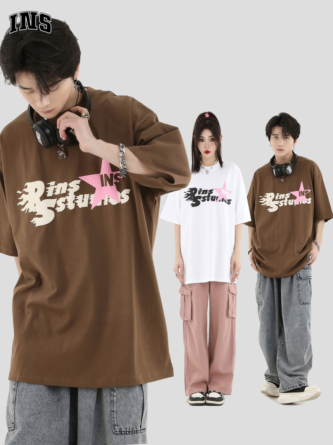 INSstudios 國潮牌情侶美式積木發泡星星LOGO短袖寬鬆重磅純棉T恤