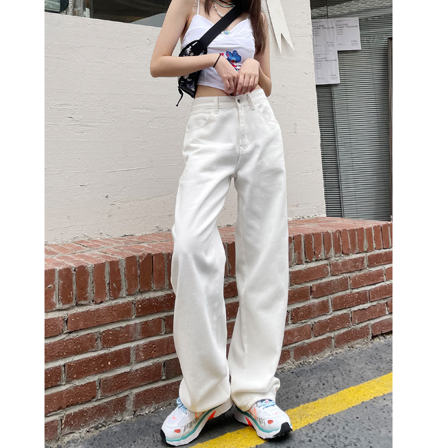 白色牛仔褲女高腰寬鬆百搭直筒闊腿褲2023ins春季新款休閒拖地褲