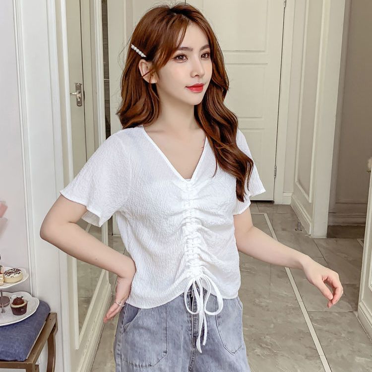 Chiffon top women's summer design niche French chic V-neck drawstring bubble wrinkle shirt sweet short-sleeved T-shirt trendy