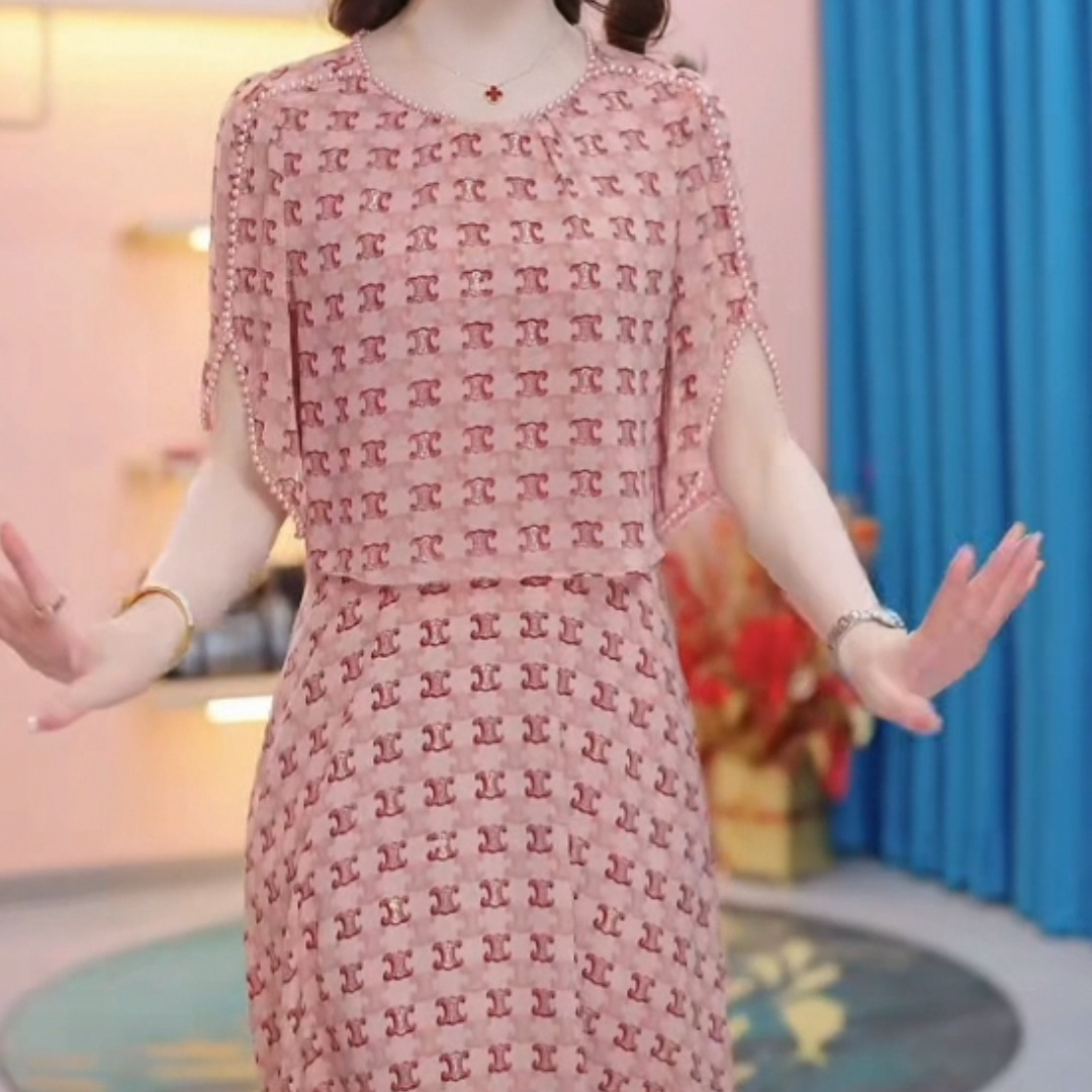 輕羽絲假兩件連衣裙2023新款夏女裝氣質年輕媽媽遮肉顯瘦淑女裙子