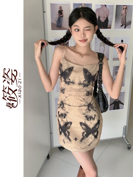 Xiaozi pulls spicy tie-dye~butterfly tie-dye dress women's French style waist slimming slim A-line suspender skirt  new