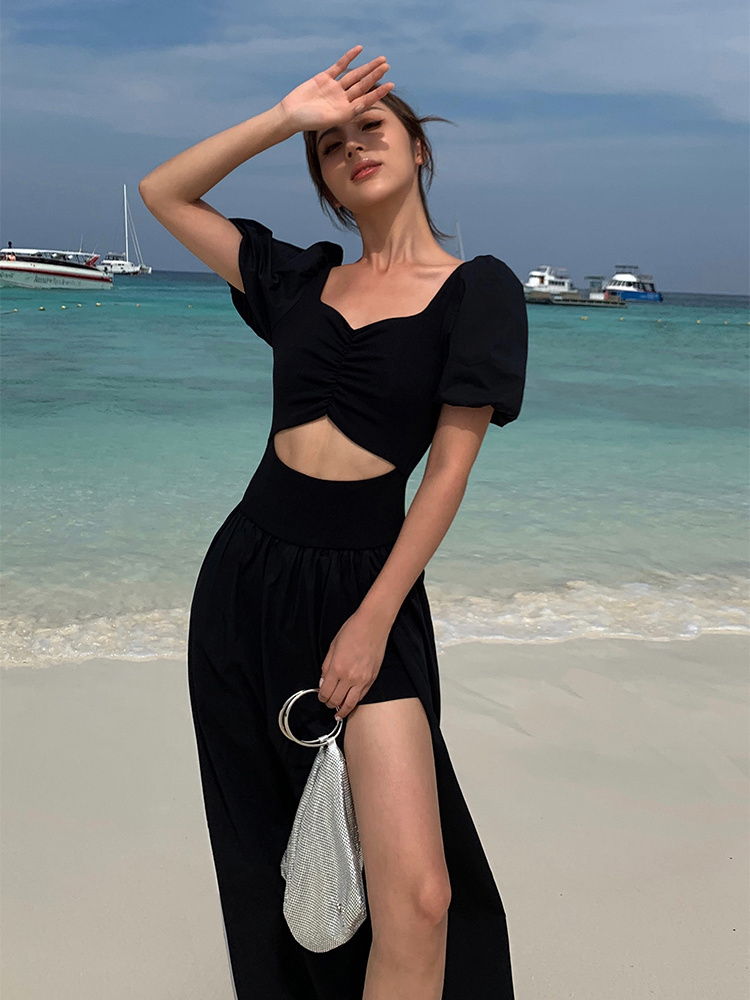 Xiaozi black Hepburn style square collar short-sleeved slit dress female 2023 French niche design long skirt