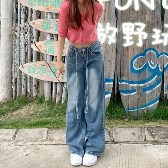 設計感綁帶高腰闊腿牛仔褲女夏季新款顯瘦遮胯直筒褲辣妹炸街褲子