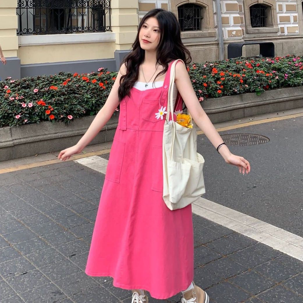 Candy color big skirt with suspenders skirt women's spring and autumn summer loose lazy style all-match fashion mid-length dress trendy