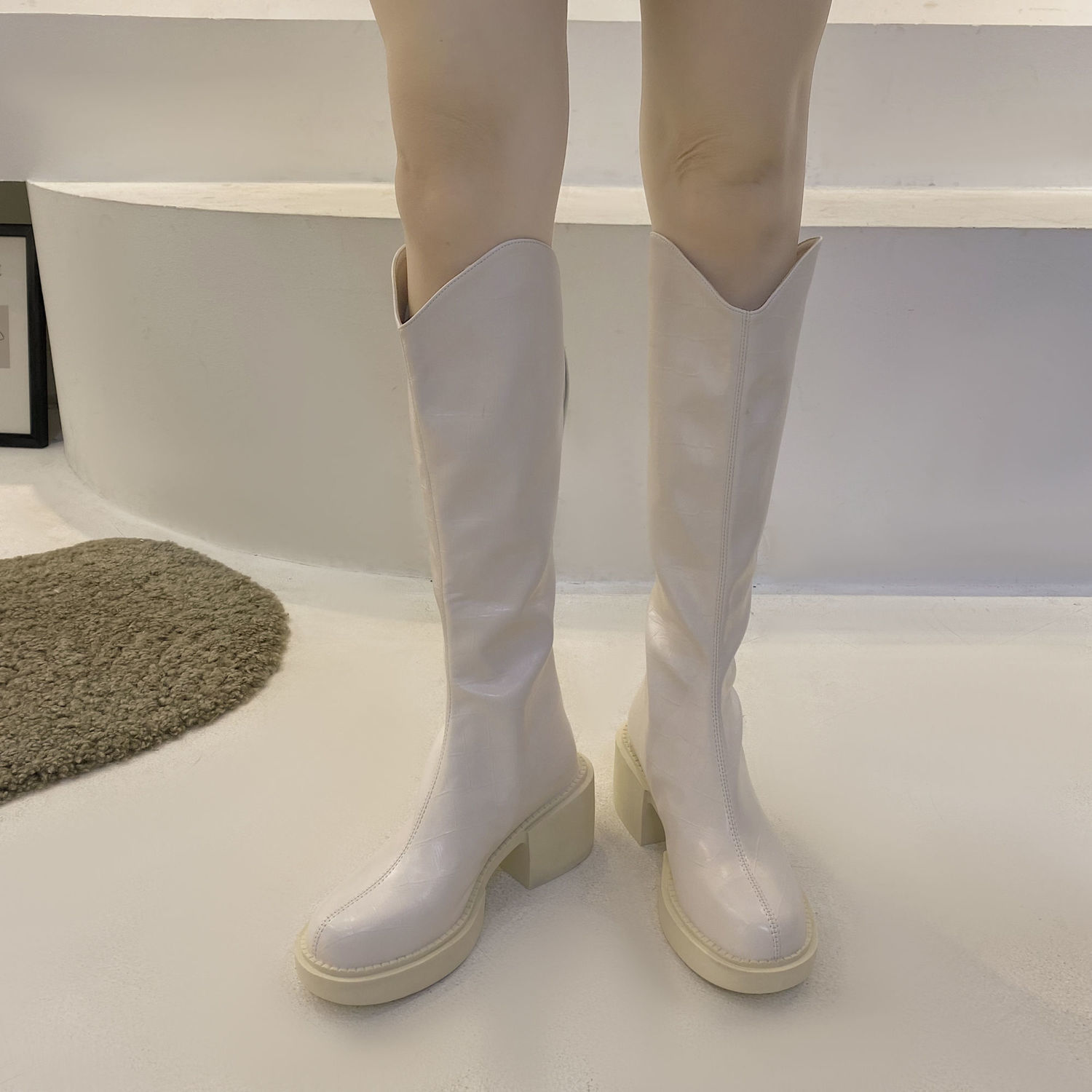 Women's boots  new spring and autumn thin high thick soled boots white knee length small Knight boots shoes