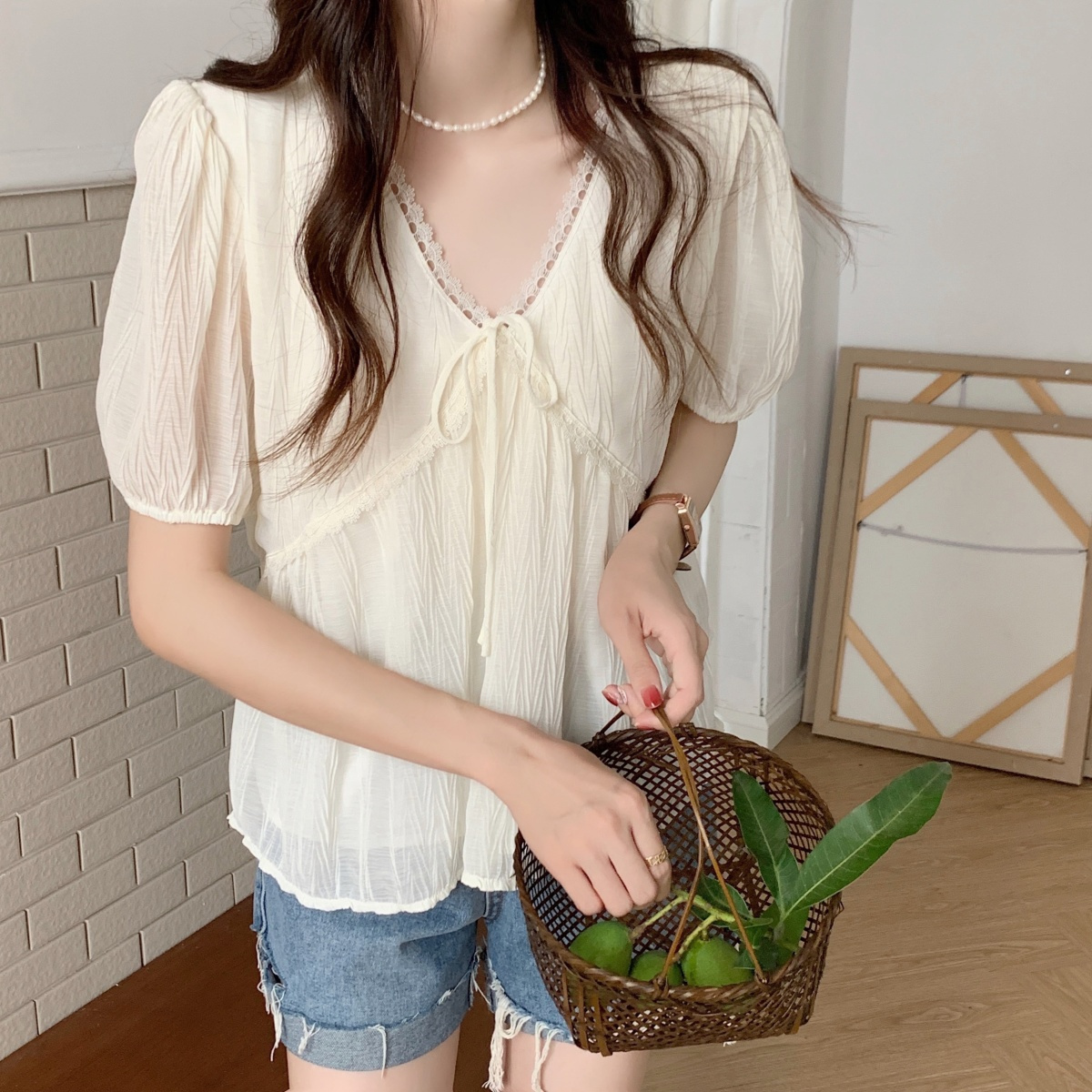 Large size fat mmv collar short-sleeved chiffon shirt women's summer French loose slimming belly-covering temperament high-end top