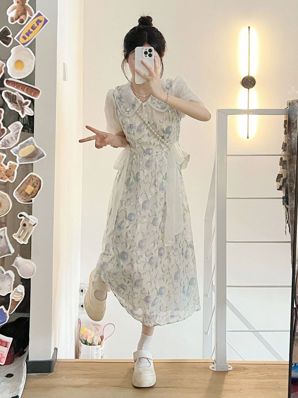 Sweet college style fake two-piece bowknot doll collar floral dress female student Korean version age-reducing A-line skirt