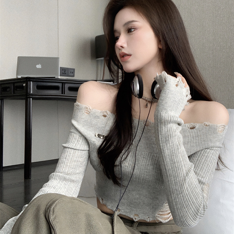 2023 early autumn new hot girl solid color thin sweater one-shoulder hole knitted short slim fit top for women