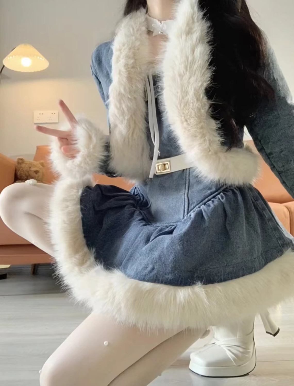 Herbst Winter High-End Koreanischen Stil Chic Gespleißt Denim Jacke + Camisole Rock Hosen Abnehmen Vielseitige Set_voghion.com