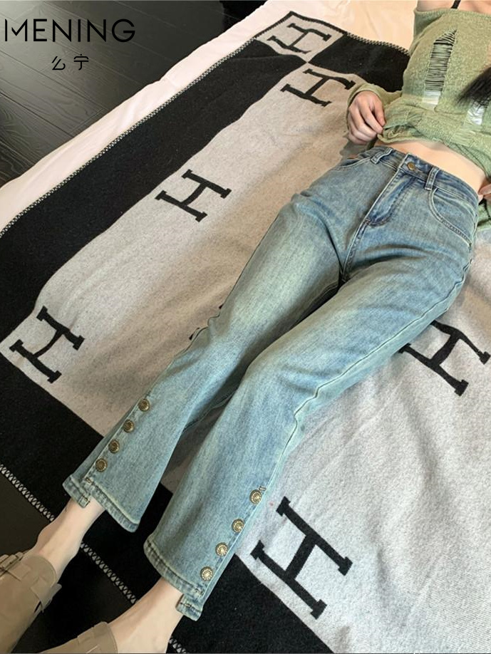 麼寧設計感九分牛仔褲女春季新款高腰顯瘦不規則彈力直筒煙管褲子