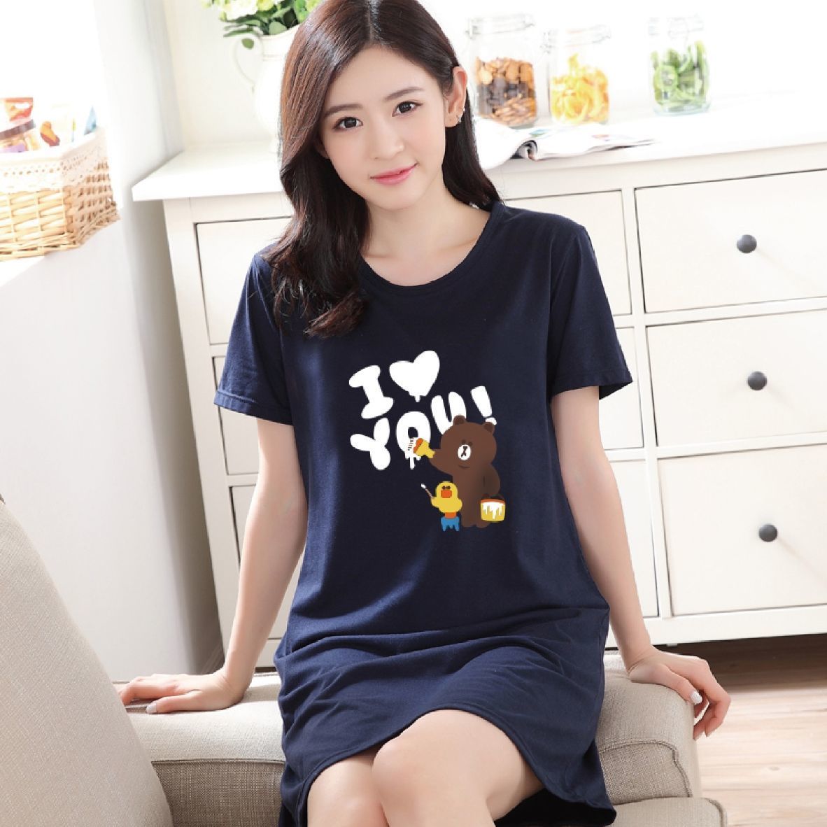 Modal nightdress women's summer short-sleeved summer pajamas mid-length man-made cotton plus size loose mother's home clothes