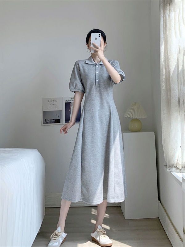 POLO collar short-sleeved dress summer  new waistline slim fashion temperament mid-length A-line skirt ins