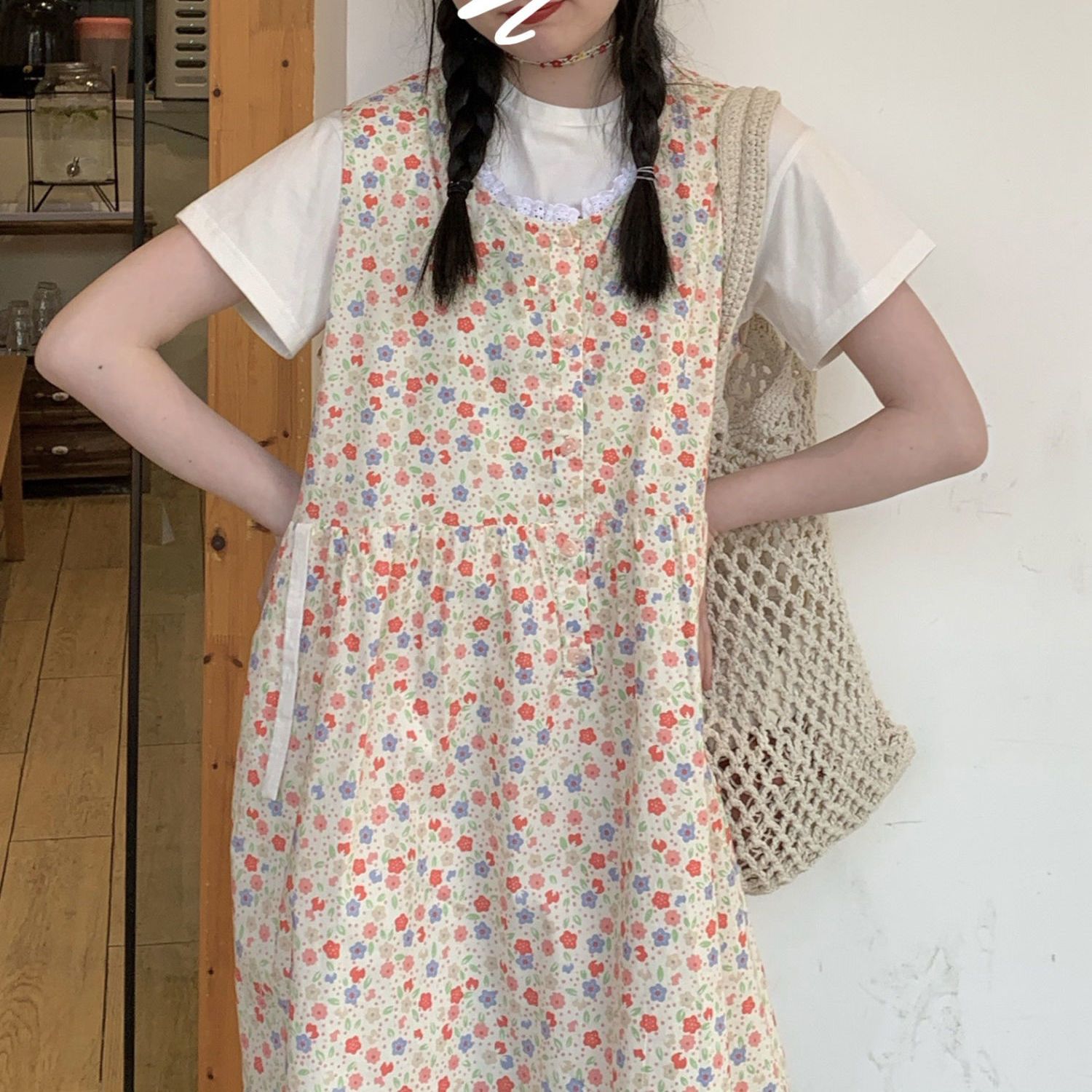 2023年夏季新款日系可愛高腰無袖圓領背心中長款連衣裙兩件套裝女