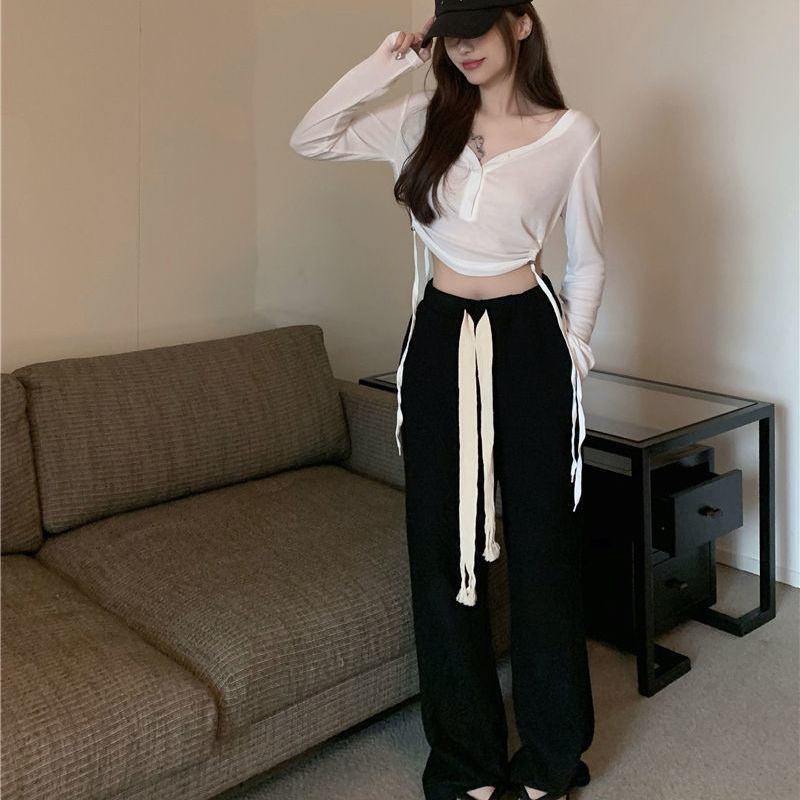 新款時尚套裝V領設計感短款長袖外穿女春夏洋氣拖地闊腿褲休閒褲