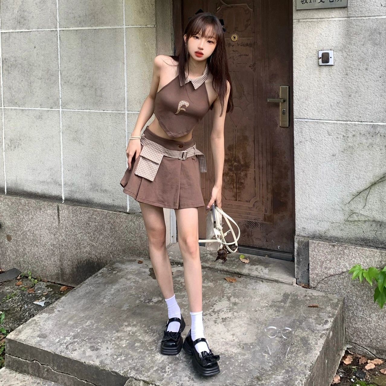 兩件套裝/單件夏裝甜酷風辣妹修身不規則掛脖背心女高腰百褶裙子