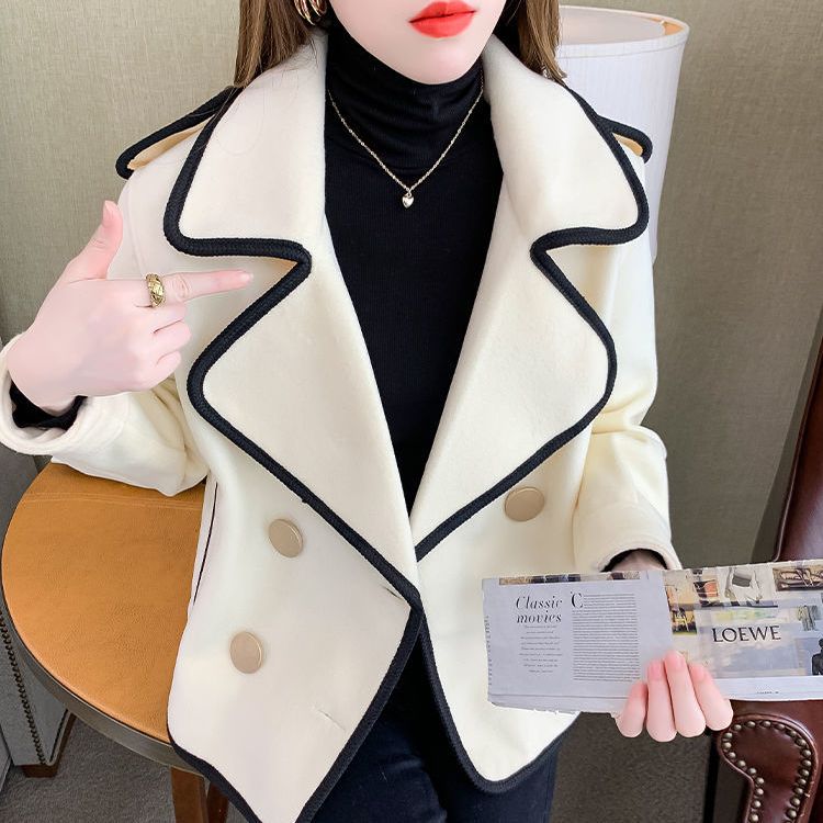 Double-sided woolen high-end small fragrant style contrasting color coat for women 2022 autumn and winter new style small style European style small suit