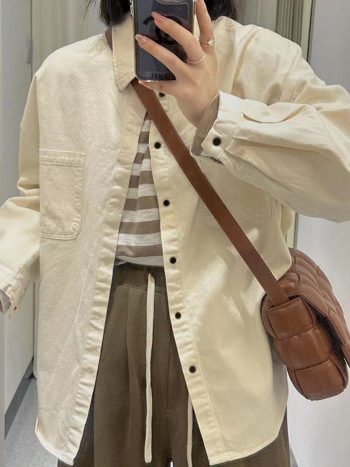 春季純棉貼標米杏色襯衫女港味復古情侶工裝襯衣寬鬆休閒開衫外穿