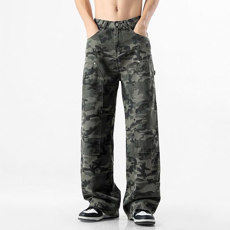 American fashion camouflage casual pants men's autumn retro hiphop straight overalls army green wide-leg mopping pants tide