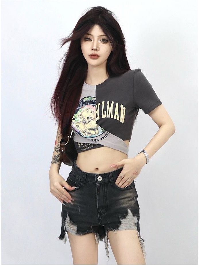 Stitching contrasting color design short-sleeved T-shirt women's niche  summer new style strappy hot girl short top with exposed navel