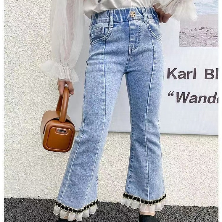 2023 Spring and Autumn New Girls' Western Style Fashionable Jeans Children's Slim Flared Pants Baby Elastic Outerwear Pants