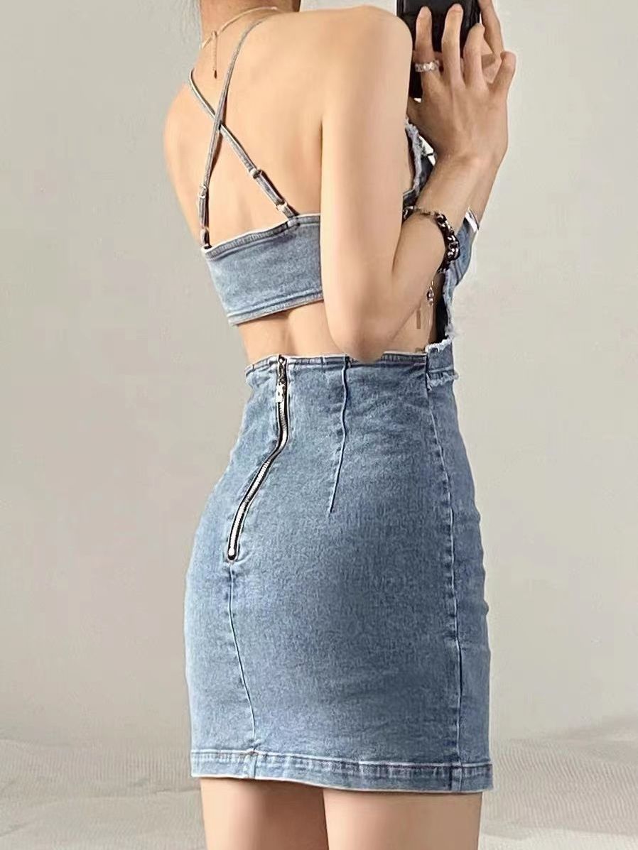Retro American Spice Girl bow element knot neck strap thin open back micro elastic denim bag hip dress women's summer