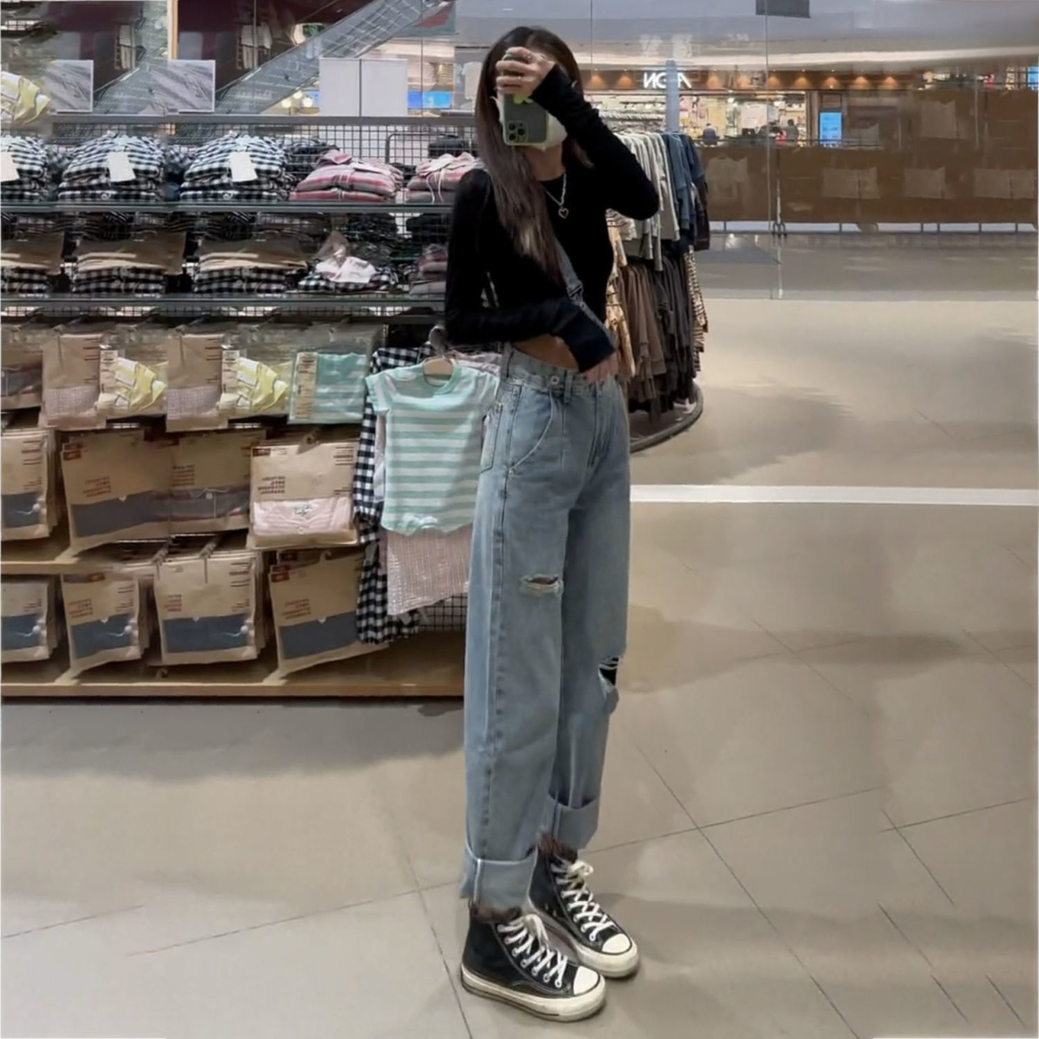One shoulder shoulder shoulder strap straight tube jeans with irregular holes women's spring and summer 2022 high waist loose thin wide leg long pants
