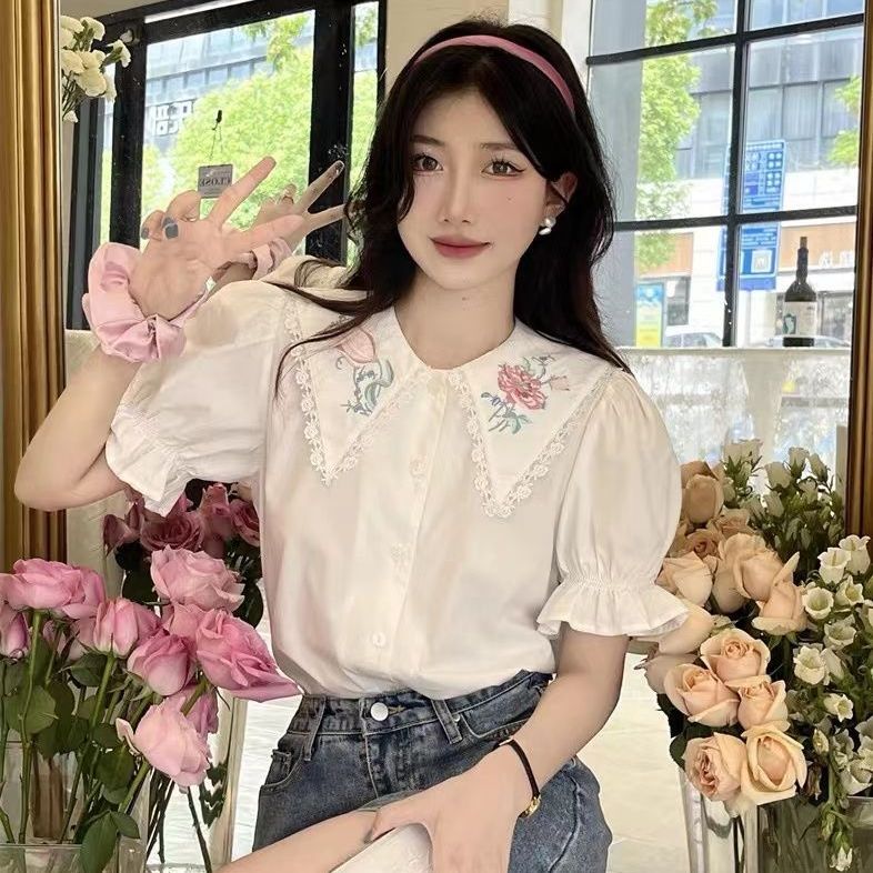 Retro doll collar design niche embroidery shirt  summer new short-sleeved French temperament top women's trend