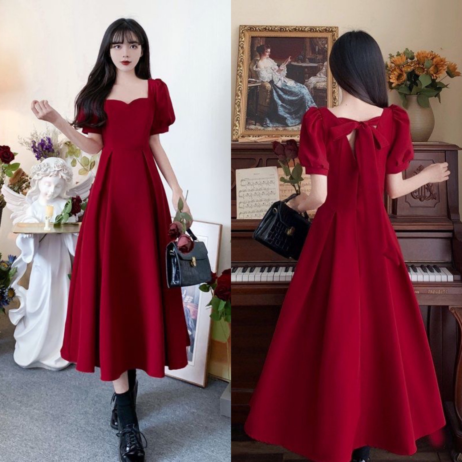 大碼女裝胖MM赫本溫柔風紅色方領連衣裙女夏季平時可穿便裝禮服裙