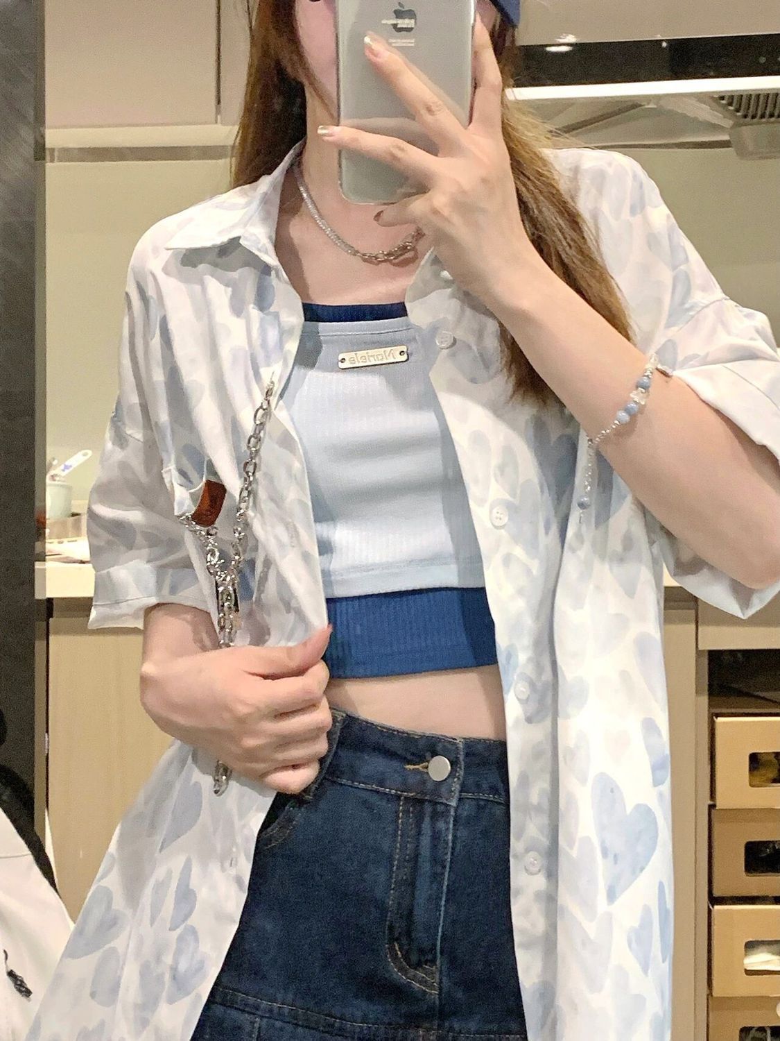 【送胸鏈背心】鹽系小香風寬鬆polo短袖襯衫夏季新款愛心印花上衣