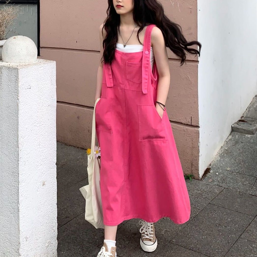 Candy color big skirt with suspenders skirt women's spring and autumn summer loose lazy style all-match fashion mid-length dress trendy