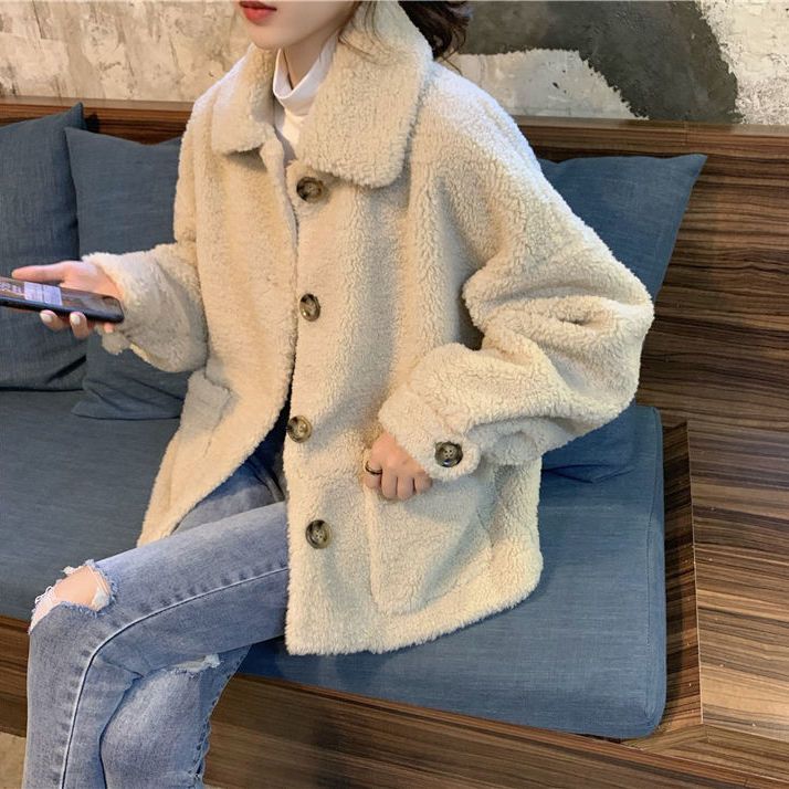 Casual imitation lamb velvet thick jacket women  winter new all-match plus velvet POLO collar loose top women