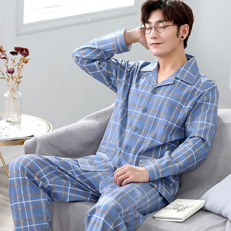 睡衣男纯棉长袖中年青年春秋冬季开衫翻领秋款男士睡衣家居服套装