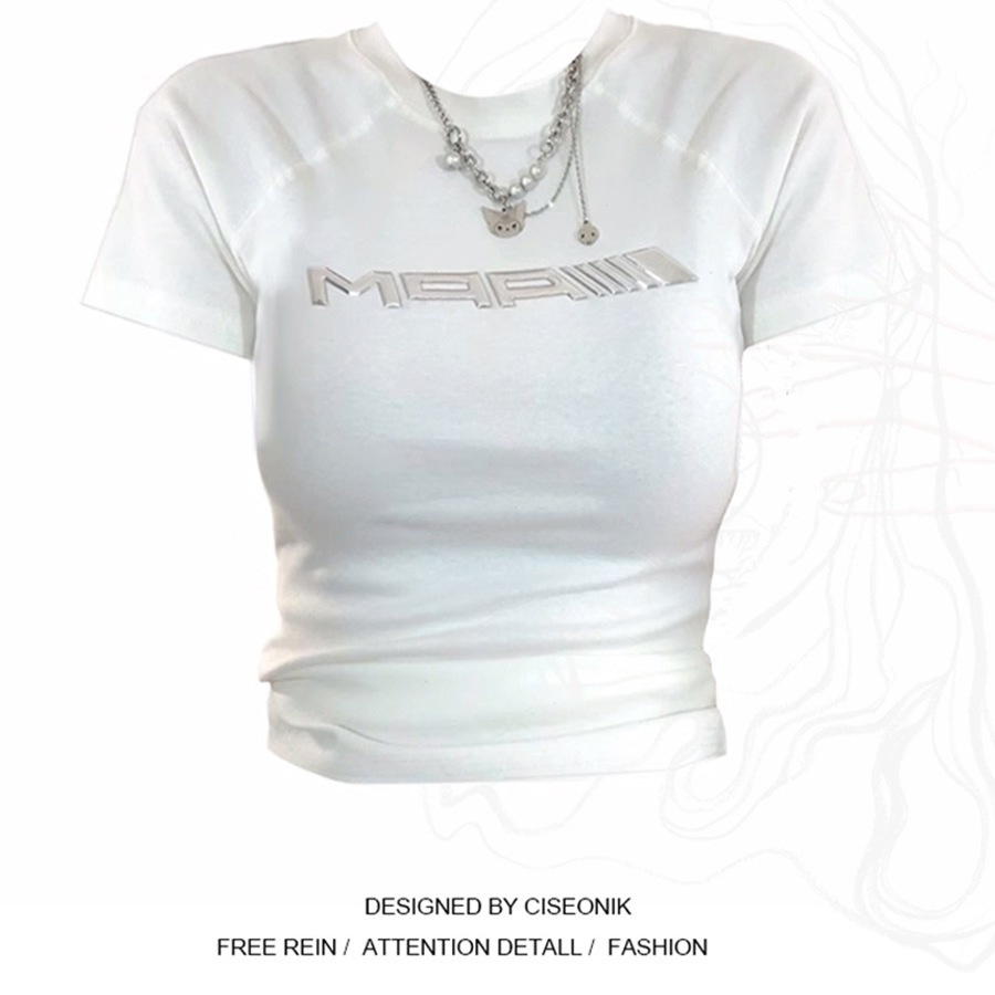 Large size fat sister American retro liquid metal printing short-sleeved t-shirt female summer hot girl tight short top