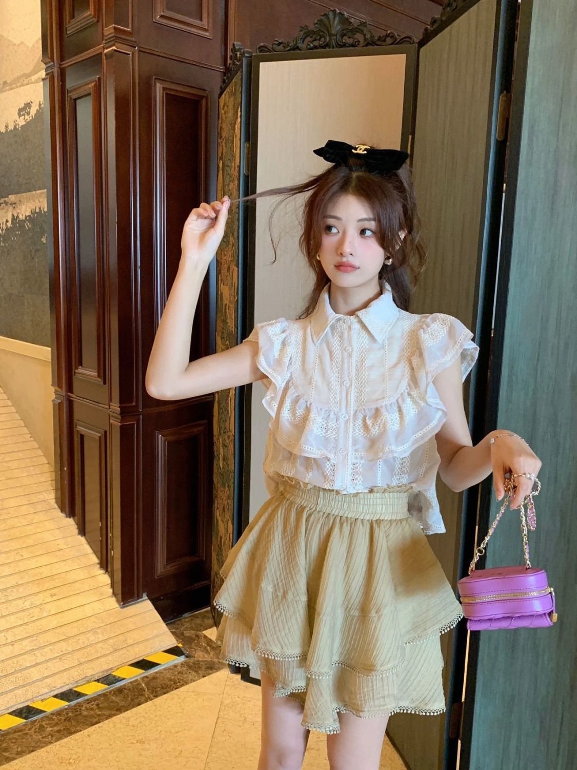 兩件套裝/單件夏款法式甜美荷葉邊無袖襯衫高腰花邊蓬蓬蛋糕裙子
