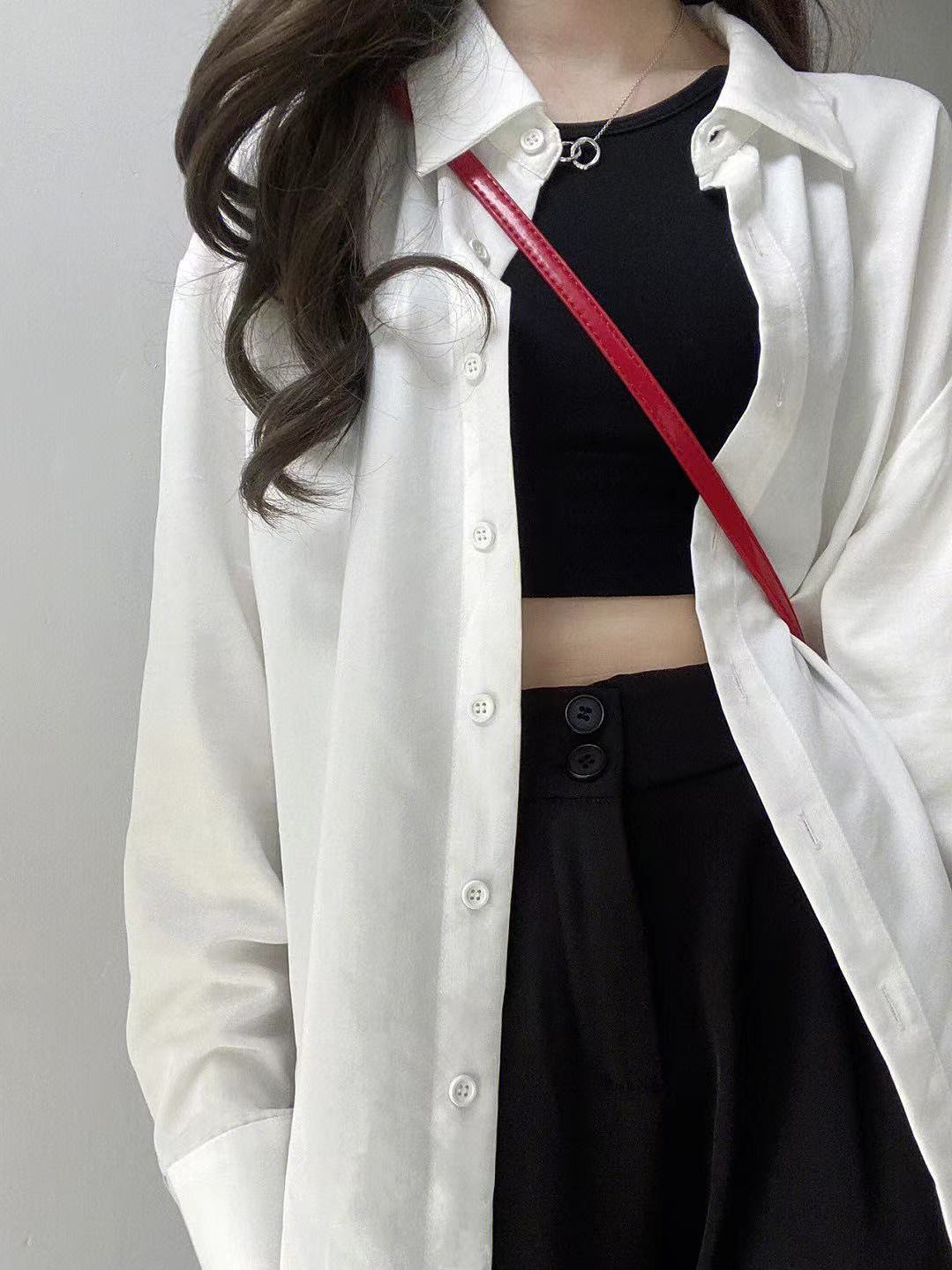 早秋長袖白襯衫女寬鬆chic港風復古設計感寬鬆百搭情侶款襯衣外套