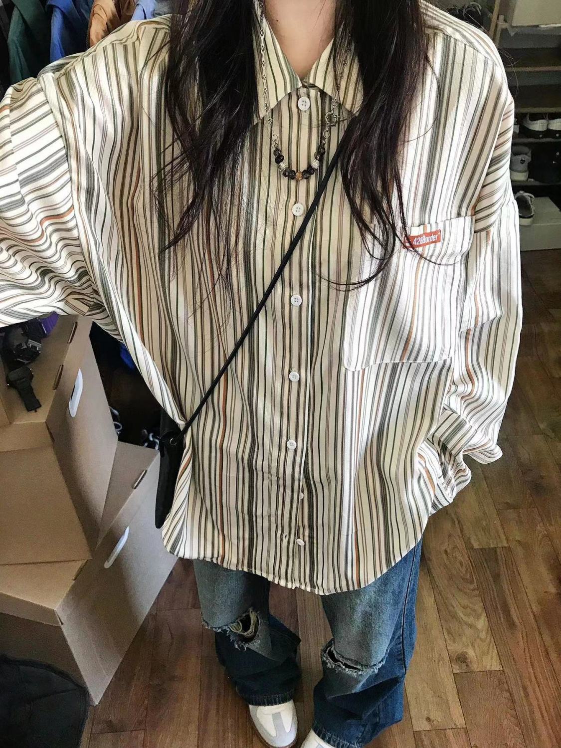 2023夏季薄款港風高級米杏色條紋襯衫外穿女寬鬆慵懶風襯衣防曬衫